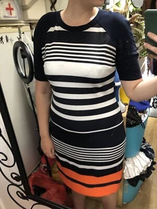 Size 14 Joseph ribkoff white and navy stripes with orange bottom formal Dress - Picture 1 of 8