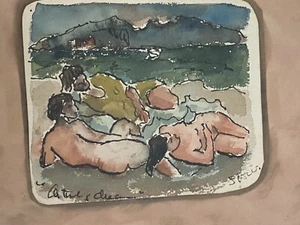 Europäisches Aquarell von Akt am Strand signiert - Bild 1 von 6