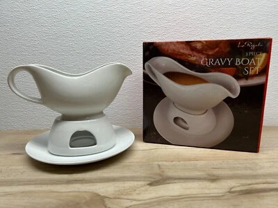 Le Regalo White Porcelain Gravy Boat Warming Stand Saucer 3 Piece Serving Set - Image 1 of 4