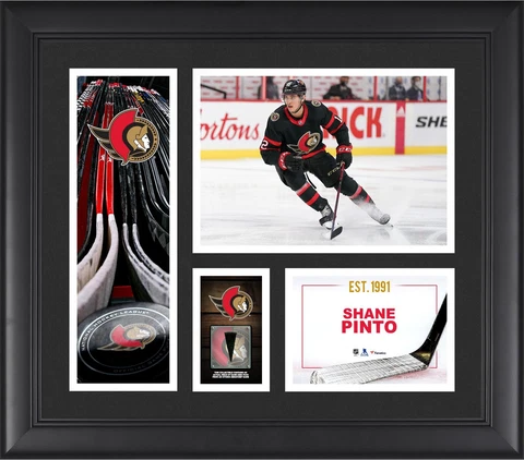Shane Pinto Ottawa Senators FRMD 15" x 17" Collage with a Piece of GU Puck Cover