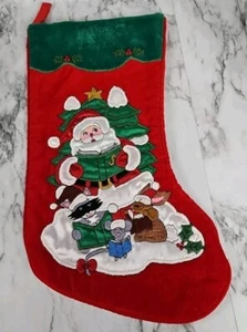 Weihnachtsstrumpf Samt bestickt Weihnachtsmann Schlitten Rentier Vintage - Bild 1 von 4