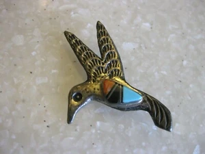 Vintage Sterling Southwestern Bird Pin Brooch w/ Inlaid Turquoise Coral Onyx?  - Picture 1 of 5