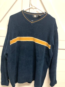 ARIZONA WOMENS NAVY CHENILLE YELLOW STRIPE V NECK SWEATER XL - Picture 1 of 4