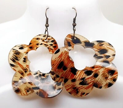 E001 Moda Acrílico Guepardo Animal Estampado Flor Forma Cuelga Joyería Pendiente #1 Foto 1 de 4