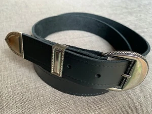Black Leather Western 3 Piece Tipped Buckle Belt 29mm Hand Made C5 - Imagen 1 de 4