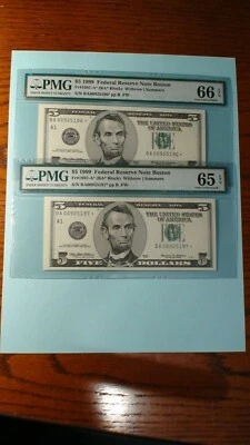 TWO 1999 PMG GEM UNC 65 & 66 EPQ Five Dollar BOSTON FED RESERVE NOTES $5 Bills - Image 1 of 4