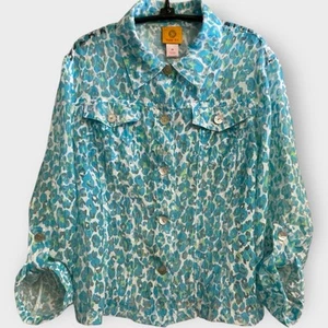 Ruby Rd Sheer Top MOP Buttons Womens 14 Beachy Blue Green Lightweight Pockets - Picture 1 of 11