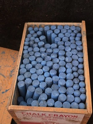 Vintage Crayola Binney & Smith NY dovetail wood box w/ blue chalk crayons inside - Image 1 of 4