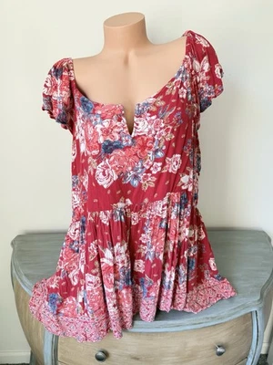 Angie Boho Smocked Babydoll Top Flowy Sz 3X Peasant Cottage Whimsy Floral Peplum - Image 1 of 4