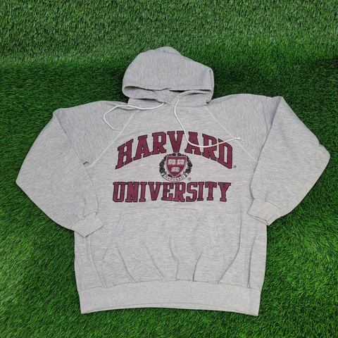 Vintage 90s Harvard University Raglan Hoodie Large Heathered Gray Arch Spellout Cover