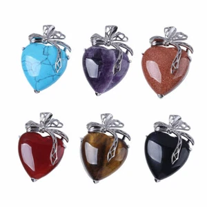 Natural Stone Quartz Heart Shape Bow-knot Pendant Necklace Crystal Reiki Healing - Picture 1 of 24