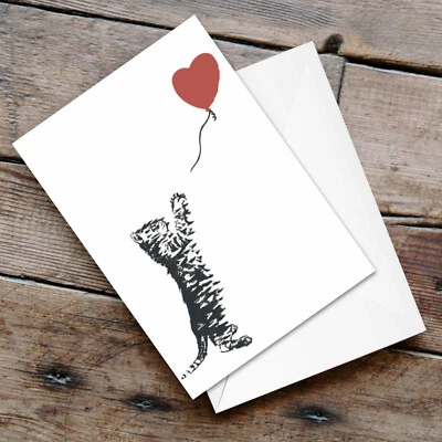 FABULOUS FELINES Cat with Balloon Banksy Style Greeting Card Blank Anniversary Valentine Love