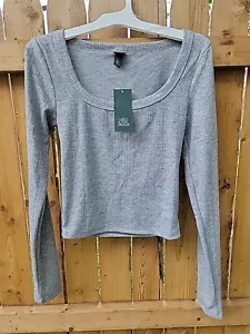 Wild Fable Womens Gray Ribbed Long Sleeve Crop Shirt Size XS Scoop - Picture 1 of 3