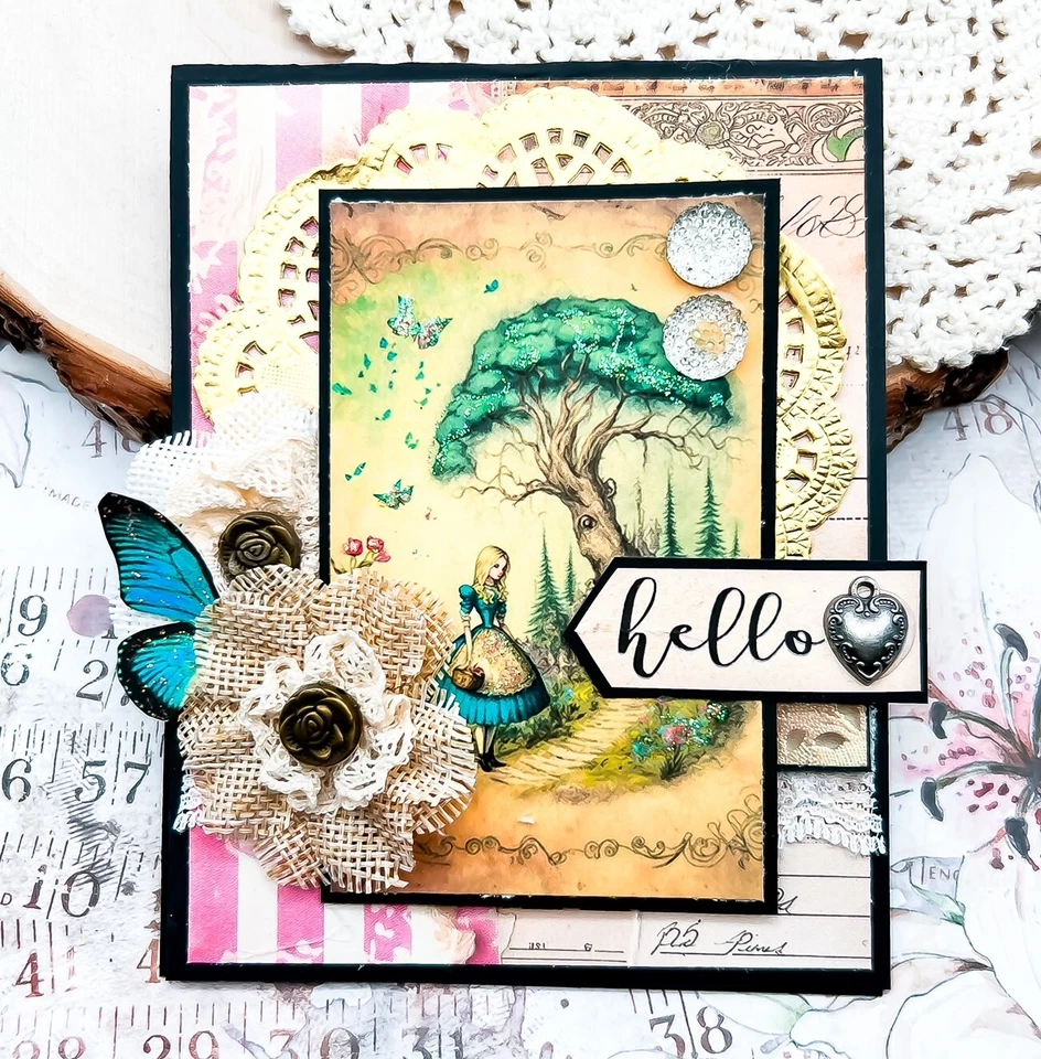Handmade HELLO Shabby Chic Alice in Wonderland Fancy Friendship Greeting Card - Image 1 of 1