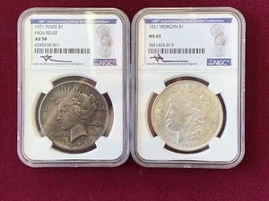 1921 Peace & Morgan Silver Dollar 100th Anniv. Set Mercanti Label NGC AU50 MS63 - Picture 1 of 10