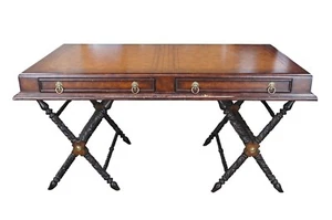 Vintage Tooled Leather Traditional Carved Campaign Style Office Writing Desk 62" - Picture 1 of 12