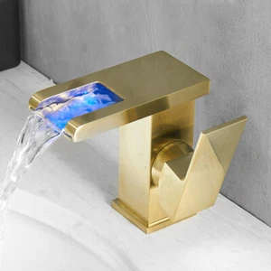 Bathroom Basin Brushed Gold LED Waterfall Spout Mixer Deck Mount Brass Taps - Picture 1 of 12