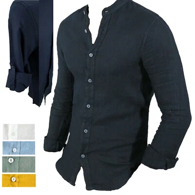 Camicia Uomo in Lino Manica Lunga Collo alla Coreana Slim Fit S M L XL XXL 3X 4X - Immagine 1 di 2