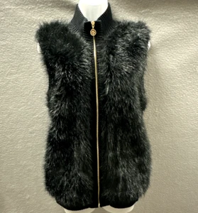 ANNE KLEIN FAUX FUR Vest Black GOLD ZIPPER FRONT Womens Size Large - Picture 1 of 13
