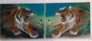 Vintage Tiger Paintings on Silk Set Of 2 from Japan 1940s - Picture 1 of 5
