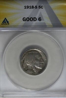 1918-S  .05   ANACS   G 6   Buffalo Nickel, Indian Nickel, 5 Cent Piece - Image 1 of 2