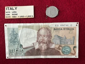 Galileo Galilei Banknote Italy 2000 Lire 1973 Italian & 20 Centismi Coin - Picture 1 of 2