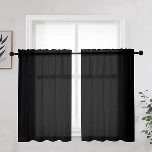 Short Black Sheer Curtains 36 Inches 2 Panels Set - Kitchen Tiers Valances Curta - Picture 1 of 7