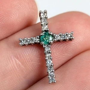 Alwand Vahan Mini 14K Solid White Gold AJ Emerald Diamond Cross Pendant - Picture 1 of 6