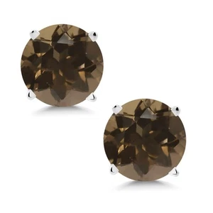 14K White Gold Brown Smoky Quartz Women Stud Earrings (1.60 Ct Round 6MM) - Picture 1 of 6