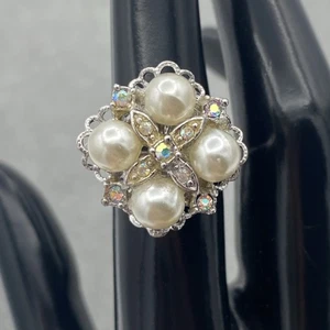Vintage Sarah Coventry verstellbarer funkelnder AB Strass Perle Cluster Ring Silber - Bild 1 von 10
