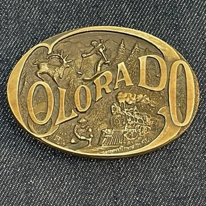 COLORADO Hebilla de Cinturón Bronce Sólido 1986 De Colección Tren Alce Esquí Minería Por High Mesa - Imagen 1 de 4