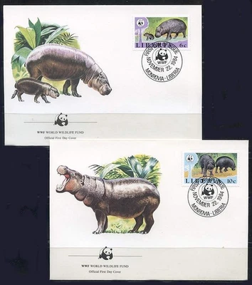 Liberia: 1984 Pigmeo Hipopótamo Cuatro Fundas Oficiales WWF Primer Día Foto 1 de 2