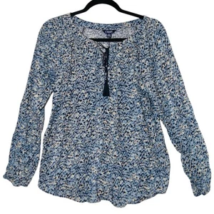 Chaps Boho Floral Print Peasant Blouse Blue Beige Tassel Tie Top India Size S - Picture 1 of 7