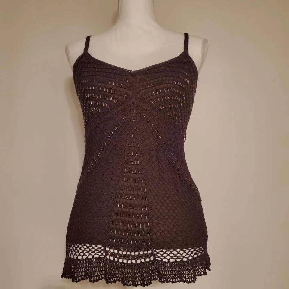 Rampage Y2K Chocolate Brown  Crochet Beaded LinedTank Spaghetti Strap Top Size M - Image 1 of 4