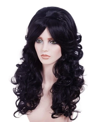 Pelucas negras colmena retro de 22 pulgadas para mujer peluca larga ondulada con flequillo sintético... Foto 1 de 4