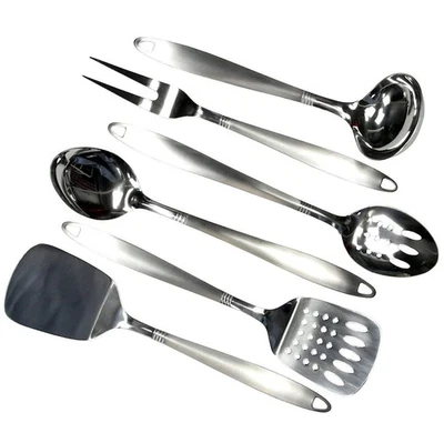 6pc Stainless Steel Kitchen Cooking Tool Set - Turner Basting Spoon Fork Ladle - Image 1 of 4