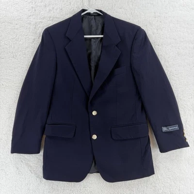 Vintage Burberry Blazer Mens 36 Navy Blue Wool 2 Button Gold Crest USA 90s - Image 1 of 4
