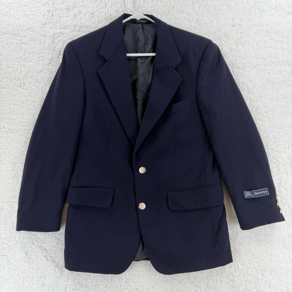 Vintage Burberry Blazer Mens 36 Navy Blue Wool 2 Button Gold Crest USA 90s - Image 1 of 4