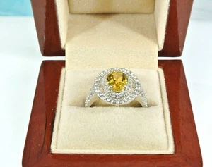 CITRINE & TOPAZ ACCENTS RHODIUM OVER 925 STERLING SILVER DOUBLE HALO RING SZ 7  - Picture 1 of 10