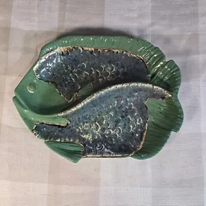 Atemberaubende Vintage 2 Fächer Fischform Servierschale Grün Blau Gold MCM - Bild 1 von 10