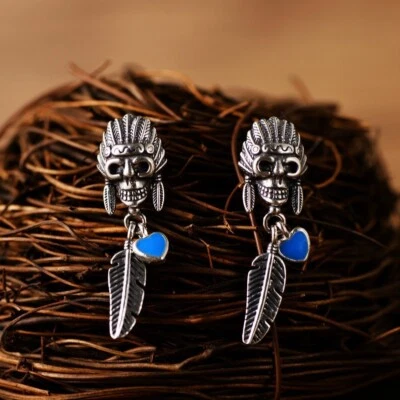 925 Sterling Silver Indian Chief Skull Feather Blue Heart Dangle Post Earrings - Image 1 of 4