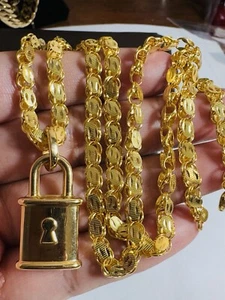 New 18K 750 Fine Real Gold 17.5”/18” long Padlock Damascus Necklace 5mm 13.7g - Picture 1 of 24