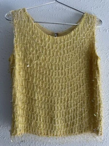 Vintage 1950s Paillette Sequin Fringe Beaded Pastel Yellow Tassels Tank Top - Picture 1 of 15