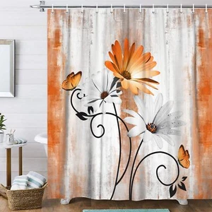 Rustic Farmhouse Shower Curtain Farm Orange Daisy Floral Fall Flowers and But... - Picture 1 of 8