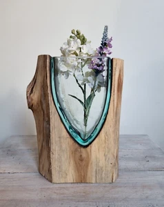 Melted Glass on Wood V Shaped Vase/Hand Blown/Rustic/Hand Crafted - Picture 1 of 7