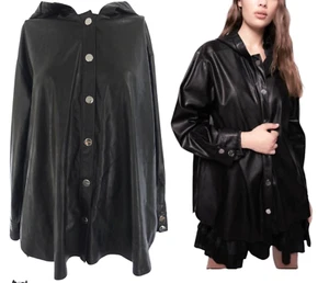 PINKO Overshirt Jacket Faux Leather Apricena Black Hooded Oversized size S BNWT - Picture 1 of 11