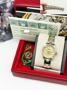 Rolex Ladies Datejust 79173 Mother Of Pearl Deco Dial 18K Gold Steel Box Papers - Picture 1 of 8