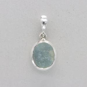 925 Sterling Silver - Blue Natural Raw Cut Aquamarine Oval Pendant - Rough Cut - Picture 1 of 7