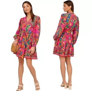 Adrianna by Adrianna Papell Long Sleeve Retro Printed A Line Dress In Pink NWT - Picture 1 of 7