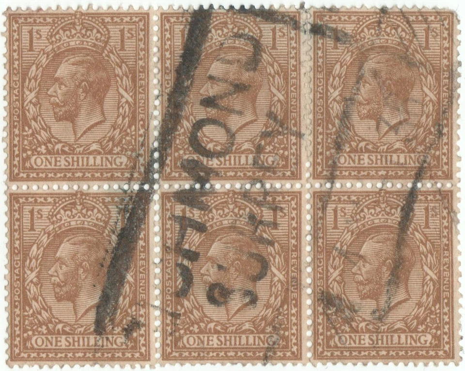 KGV 1 Shilling Bistre block of 6 used - Image 1 of 1